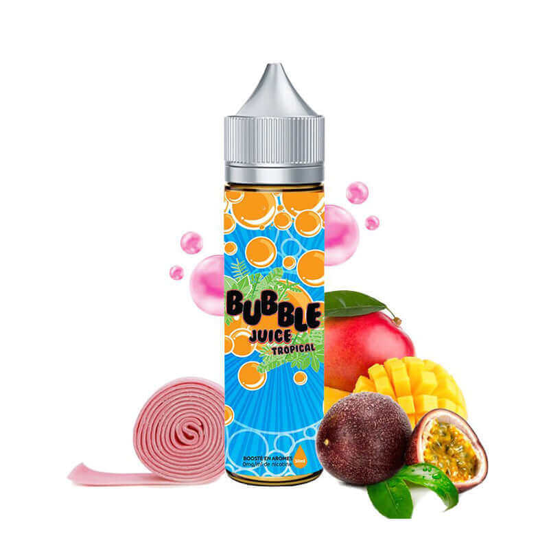 Flacon de 50ml d'e-liquide Bubble Juice Tropical Aromazon avec étiquette bleue, mangue, fruit de la passion et ruban rose.