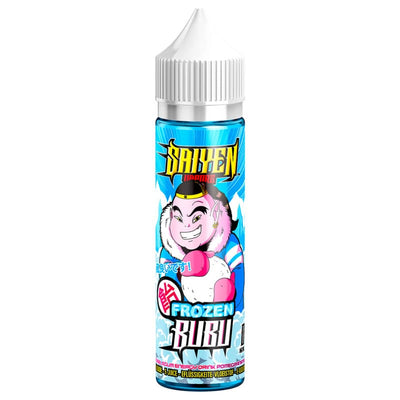 Flacon de 50ml E-liquide Saiyen Vapors Frozen Bübü avec illustration manga sur fond bleu glacé et bouchon blanc.