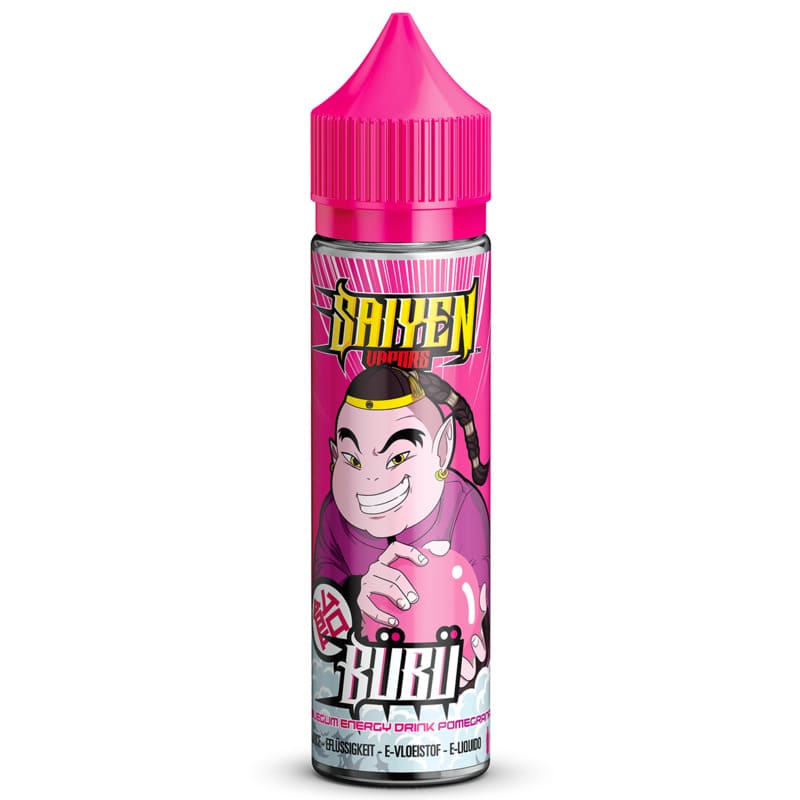Flacon 50ml E-liquide Bübü Saiyen Vapors avec bouchon rose et illustration de personnage manga sur fond rose.