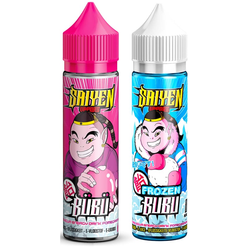 Deux flacons de 50ml E-liquide Bübü et Frozen Bübü Saiyen Vapors avec bouchons rose et blanc sur fond blanc.