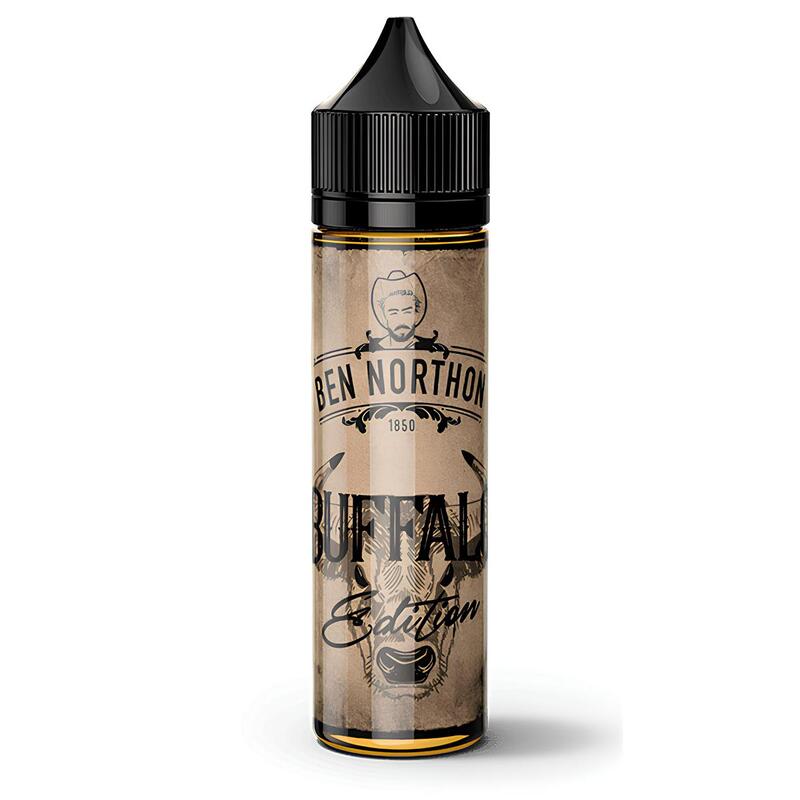 Flacon d'e-liquide Ben Northon Buffalo Edition 50ml avec étiquette style Far West, bouchon noir et design de bison.