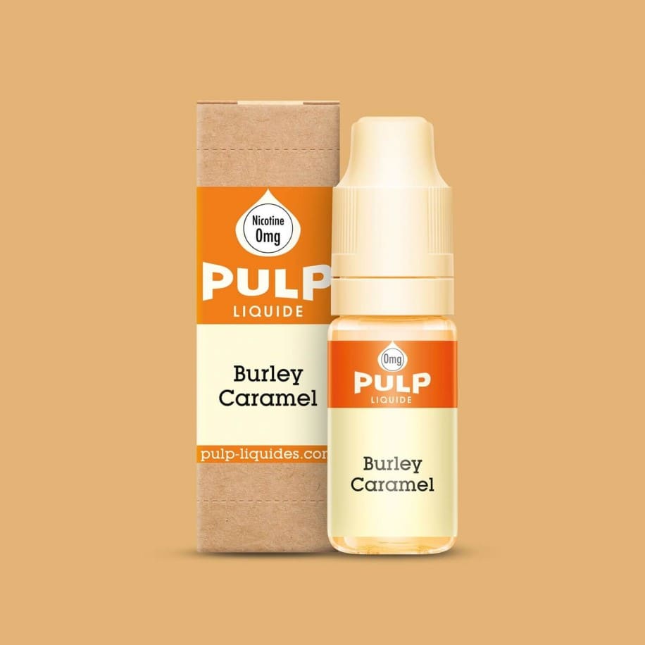 Flacon de 10ml PULP Original Burley Caramel avec son étui en carton beige et orange sur fond uni.