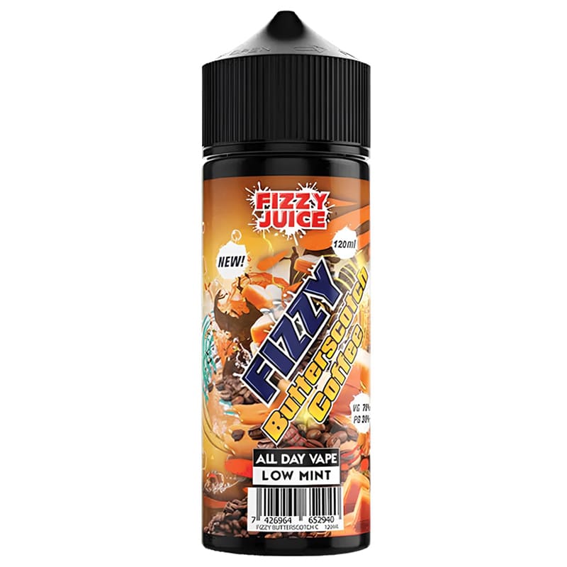 Flacon de 100ml Fizzy Butterscotch Coffee avec étiquette orange illustrée de grains de café et de caramel, bouchon noir.