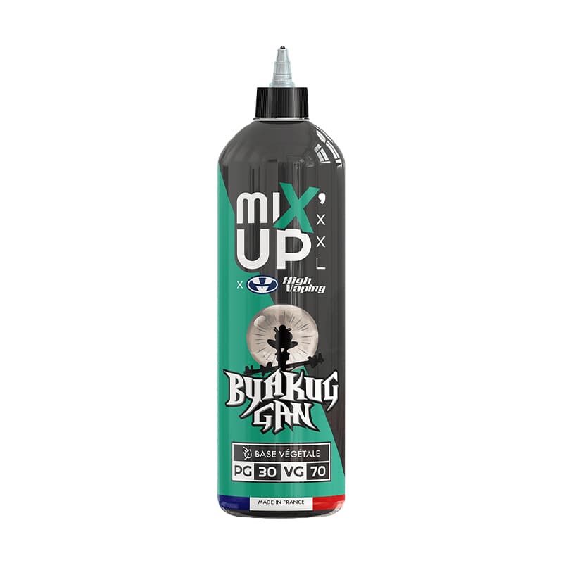 Flacon de 1L d'e-liquide Byakug Gan Mix'up x High Vaping, design noir et vert avec illustration manga, base végétale 30/70.
