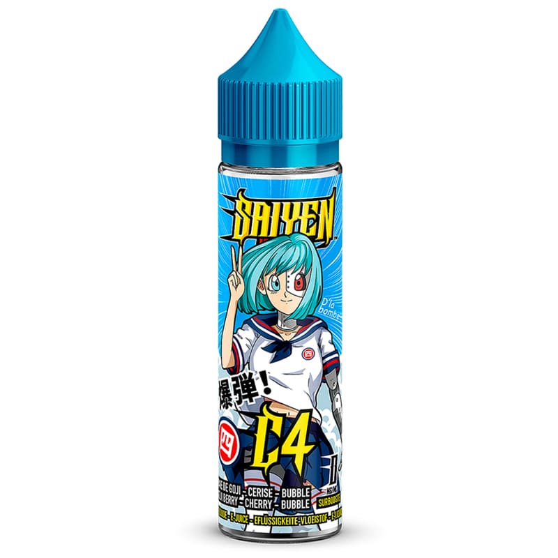 Flacon de 50ml E-liquide C4 Saiyen Vapors avec bouchon bleu et illustration style manga sur fond bleu.