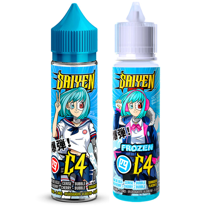 Deux flacons de 50ml E-liquide C4 et Frozen C4 Saiyen Vapors avec étiquettes manga colorées et bouchons bleu et blanc.