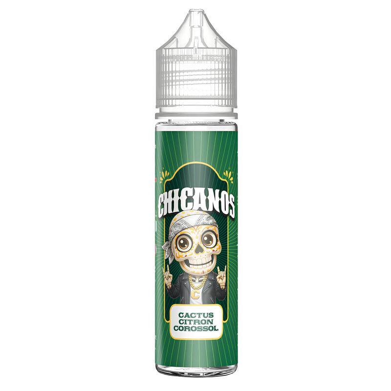 Flacon d'e-liquide Chicanos Cactus Citron Corossol avec étiquette verte illustrée d'un crâne style mexicain et bouchon transparent.