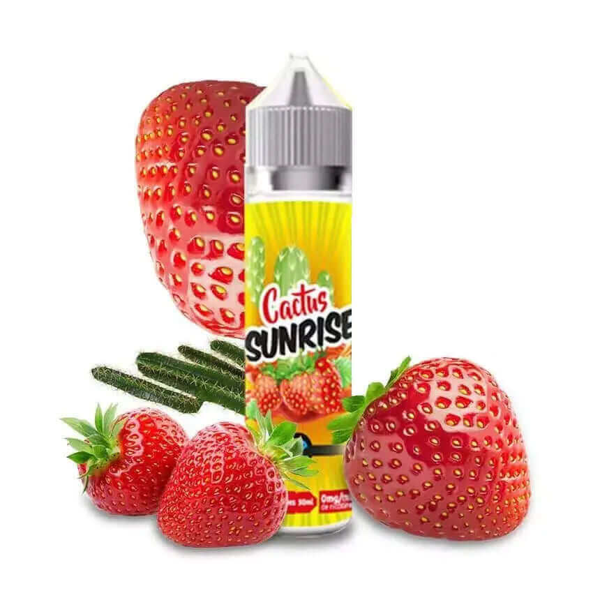 Flacon d'e-liquide Cactus Sunrise 50ml Aromazon avec étiquette jaune, illustré de fraises rouges et de cactus sur fond blanc.