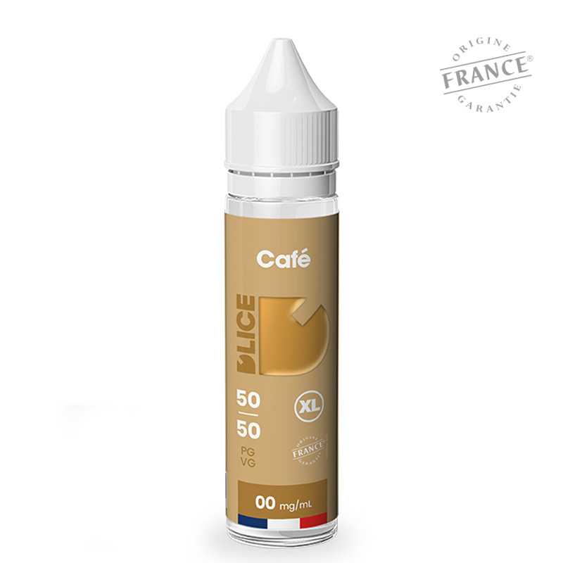 Flacon d'e-liquide D'LICE XL Café 50ml, étiquette beige, bouchon blanc, ratio 50/50 PG/VG, certifié Origine France Garantie.