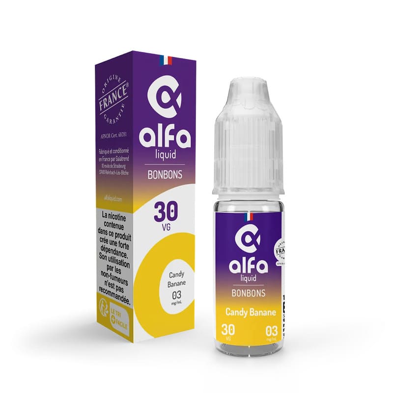Flacon de 10ml d'e-liquide Alfaliquid Candy Banane avec son emballage cartonné violet et jaune, design épuré et moderne.