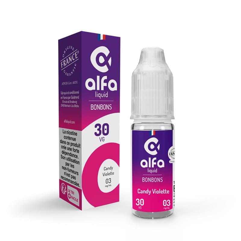 Flacon de 10ml et boîte d'e-liquide Alfaliquid Candy Violette au design violet et rose avec bouchon sécurité enfant.