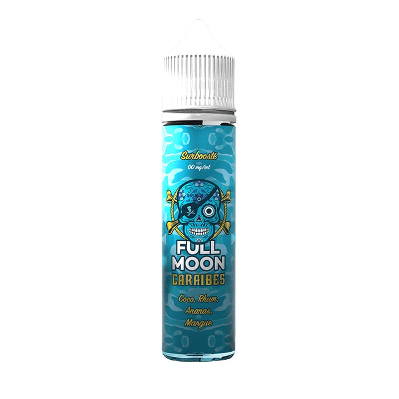 Flacon unicorn 50ml Full Moon Caraïbes bleu avec illustration de crâne pirate, étiquette tropicale et bouchon blanc sécurisé.