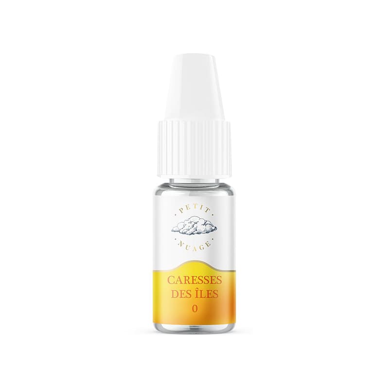 Flacon d'e-liquide Petit Nuage Caresse des Îles 10ml avec étiquette jaune dégradée et bouchon blanc.