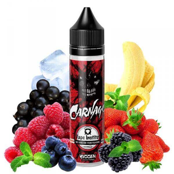 Flacon d'e-liquide Vape Institut Carnage 50ml entouré de fruits rouges, de banane, de feuilles de menthe et de glaçons.