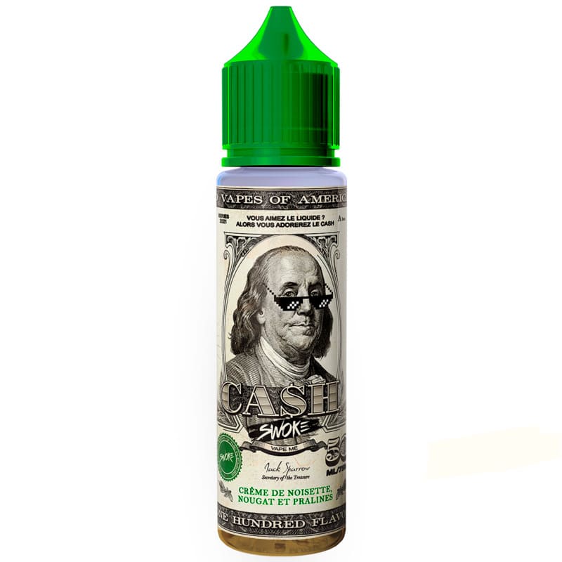 Flacon de 50ml Swoke Cash avec bouchon vert, étiquette style billet de banque et portrait de Franklin à lunettes pixelisées.
