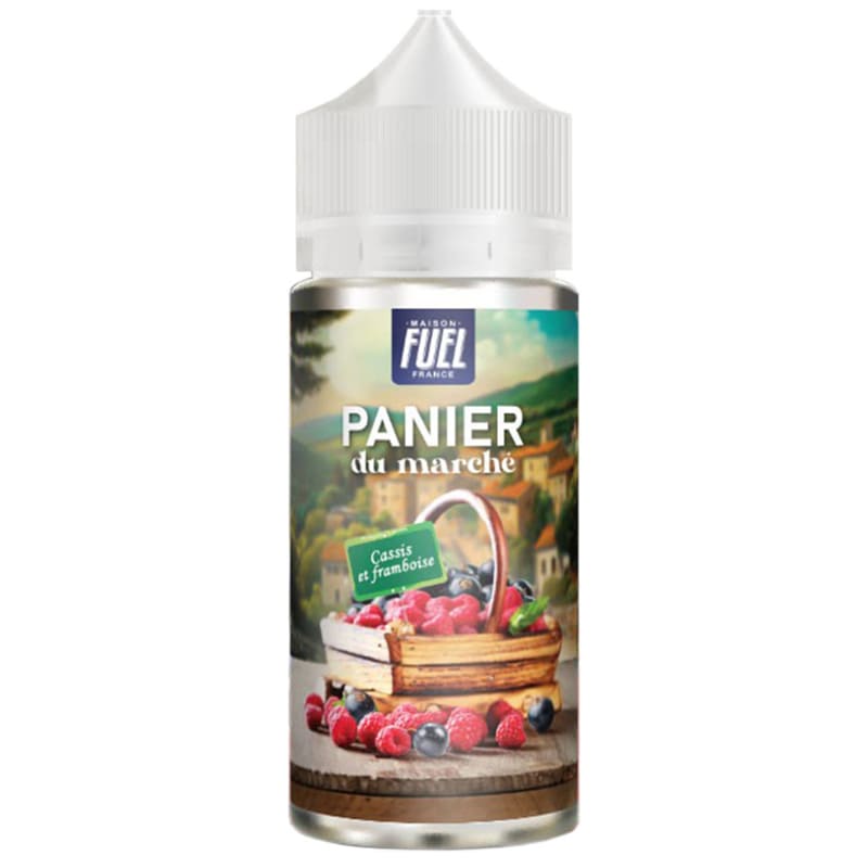 Flacon de 100ml d'e-liquide Maison Fuel Panier du Marché illustré d'un panier de cassis et framboises sur fond champêtre.