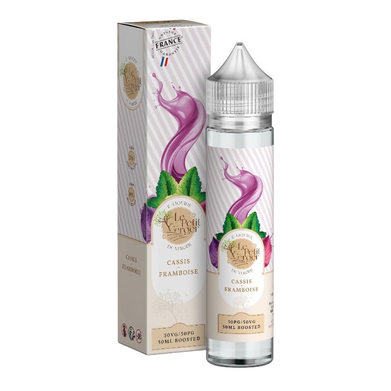 Flacon de 50ml et boîte Le Petit Verger Cassis Framboise avec design fruité violet et blanc, fabriqué en France.