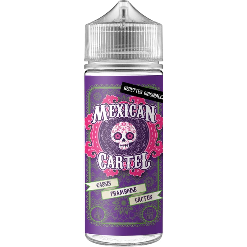 Flacon d'e-liquide Mexican Cartel Cassis Framboise Cactus avec étiquette violette ornée d'une tête de mort mexicaine.