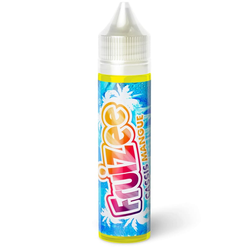 Flacon d'e-liquide Fruizee Cassis Mangue 50ml avec étiquette bleue tropicale et bouchon transparent sur fond blanc.
