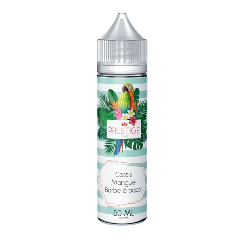 Flacon d'e-liquide 50ml Prestige Fruits avec étiquette rayée turquoise, illustration de perroquet et fleurs tropicales.