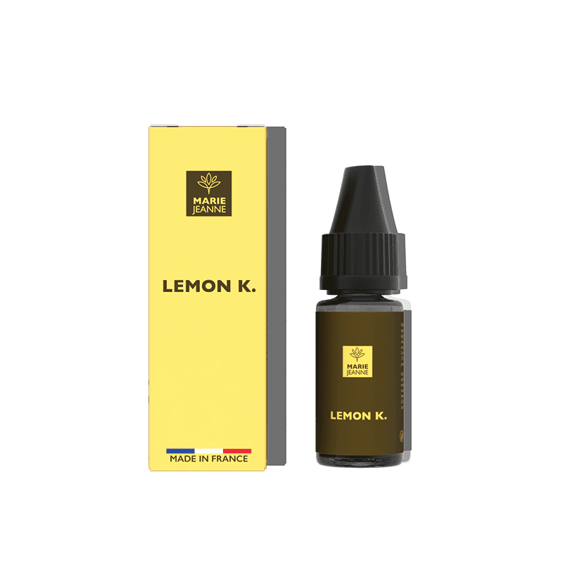 Flacon d'e-liquide CBD Marie Jeanne Lemon Kush 10ml avec sa boîte jaune et son étiquette sombre sur fond blanc.