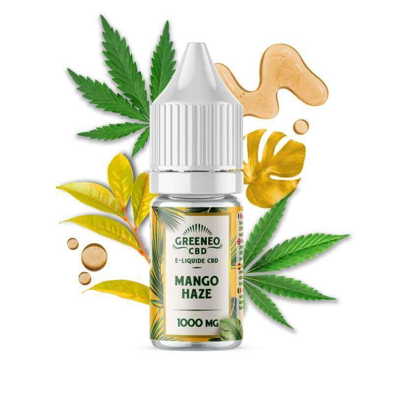 Flacon d'e-liquide CBD Greeneo Mango Haze 10ml avec étiquette illustrée de feuilles tropicales sur fond blanc.