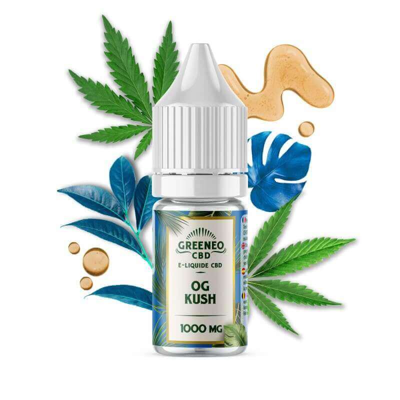 Flacon de 10ml d'e-liquide CBD Greeneo OG Kush avec bouchon blanc, entouré de feuilles de chanvre et de motifs tropicaux.