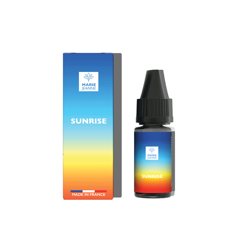 Flacon de 10ml et boîte d'e-liquide CBD Sunrise Marie Jeanne avec dégradé de couleurs bleu, jaune et orange.