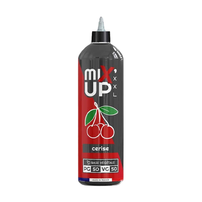 Flacon d'e-liquide Mix'Up Cerise 1L, design noir et rouge avec illustration de cerises, format 50/50 PG/VG.