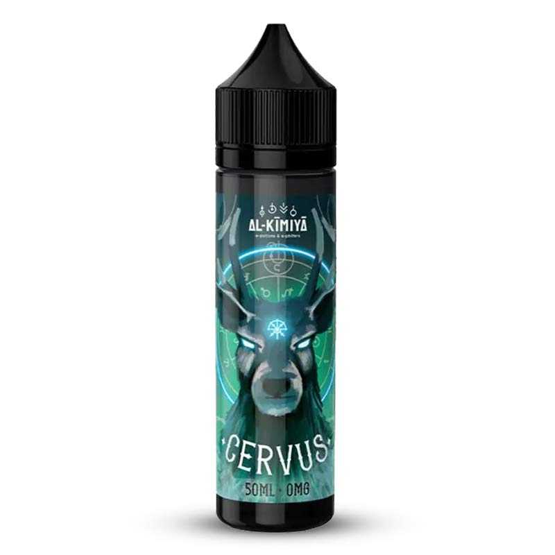 Flacon d'e-liquide Al-Kimiya Cervus 50ml avec illustration de cerf mystique sur fond bleu et bouchon noir.