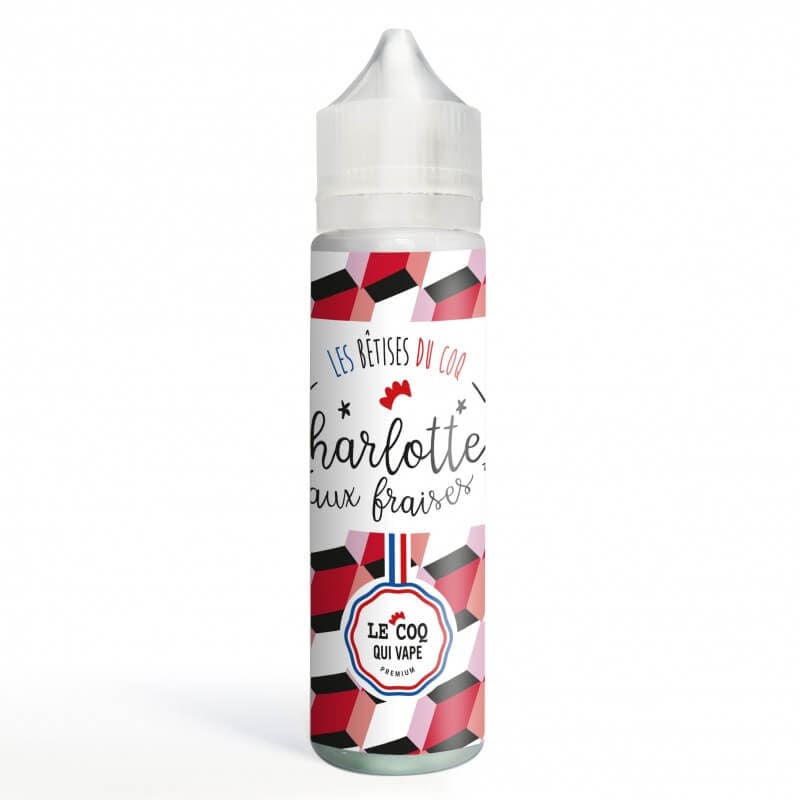 Flacon de 50ml d'e-liquide Charlotte aux Fraises Le Coq Qui Vape avec étiquette géométrique rouge, rose et blanche.