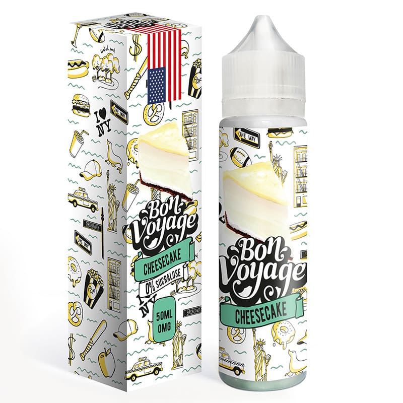 Flacon de 50ml et boîte Bon Voyage Cheesecake avec illustrations new-yorkaises, drapeau américain et part de gâteau.