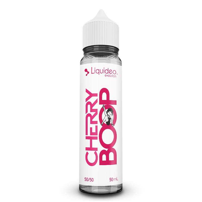 Flacon d'e-liquide Liquideo Cherry Boop 50ml avec étiquette blanche, logo rose et illustration rétro sur fond blanc.