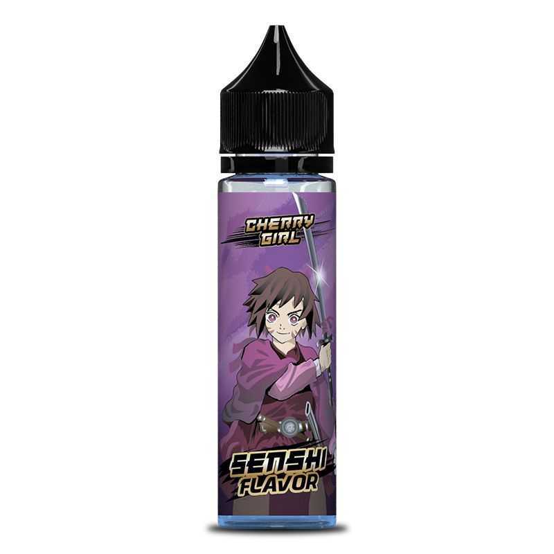 Flacon d'e-liquide 50ml Senshi Flavor Cherry Girl avec illustration style manga sur fond violet et bouchon noir.