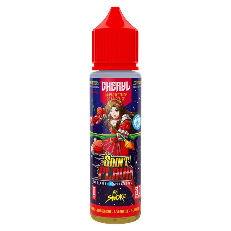 Flacon d'e-liquide Cheryl Saint Flava 50ml avec bouchon rouge et étiquette illustrée style manga sur fond bleu nuit.