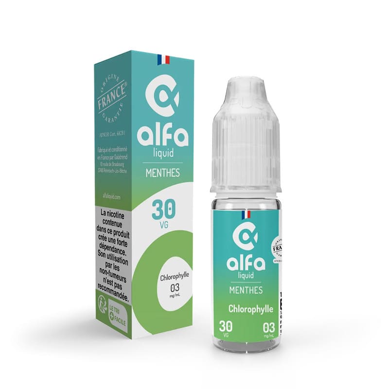 Flacon de 10ml d'e-liquide Alfaliquid Chlorophylle et son emballage cartonné vert menthe aux détails blancs.