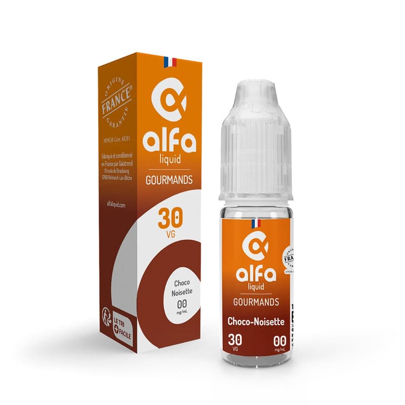Flacon de 10ml d'e-liquide Alfaliquid Choco-Noisette avec son emballage cartonné orange et marron.