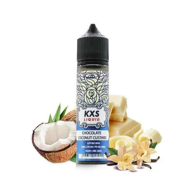 Flacon d'e-liquide KXS Liquid 50ml avec étiquette bleue, entouré de noix de coco, de chocolat blanc et de fleurs de vanille.