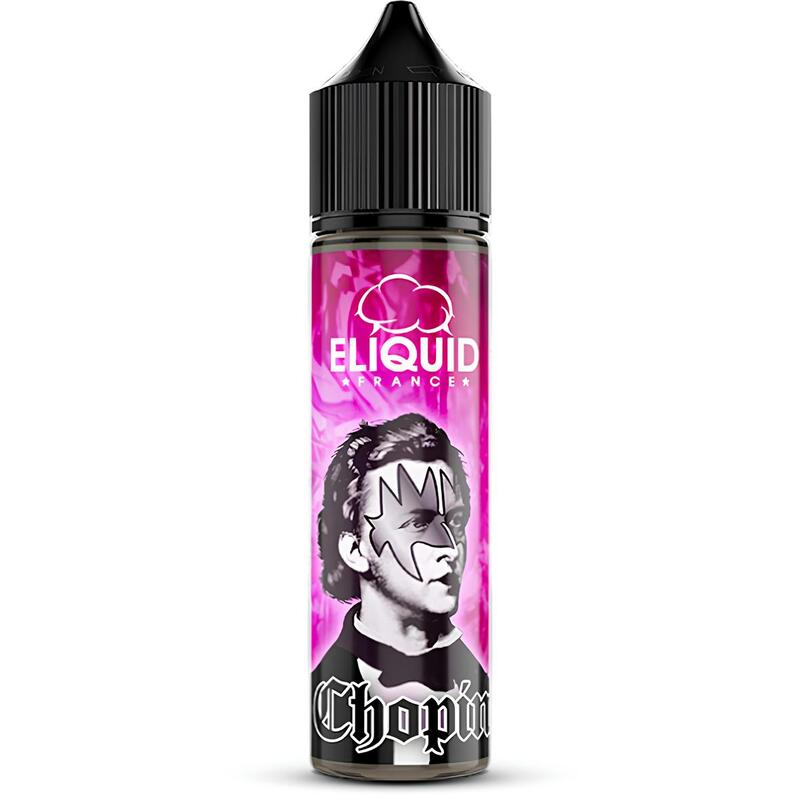 Flacon de 50ml Eliquid France Chopin avec étiquette rose, portrait stylisé et bouchon noir.