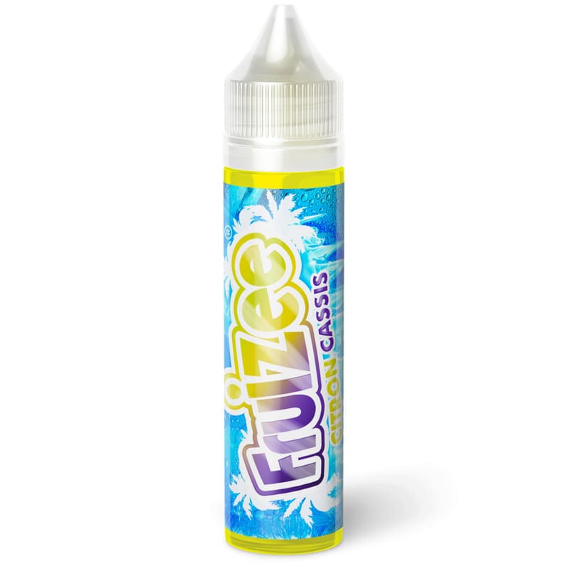 Flacon d'e-liquide Fruizee Citron Cassis 50ml avec étiquette bleue et jaune illustrée de palmiers tropicaux.
