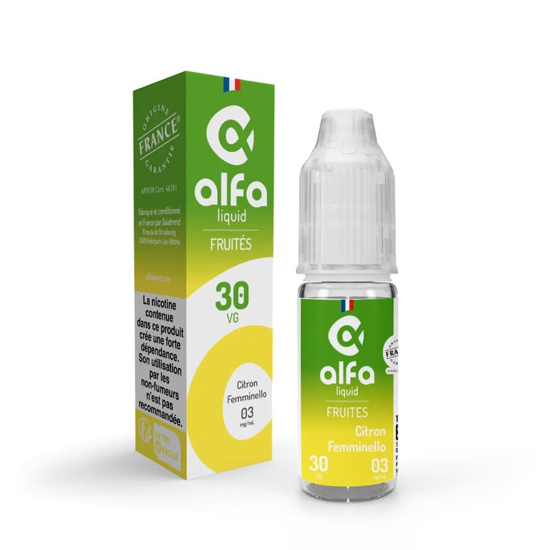 Flacon d'e-liquide Alfaliquid Citron Femminello 10ml avec sa boîte en carton verte et jaune, design fruité et acidulé.