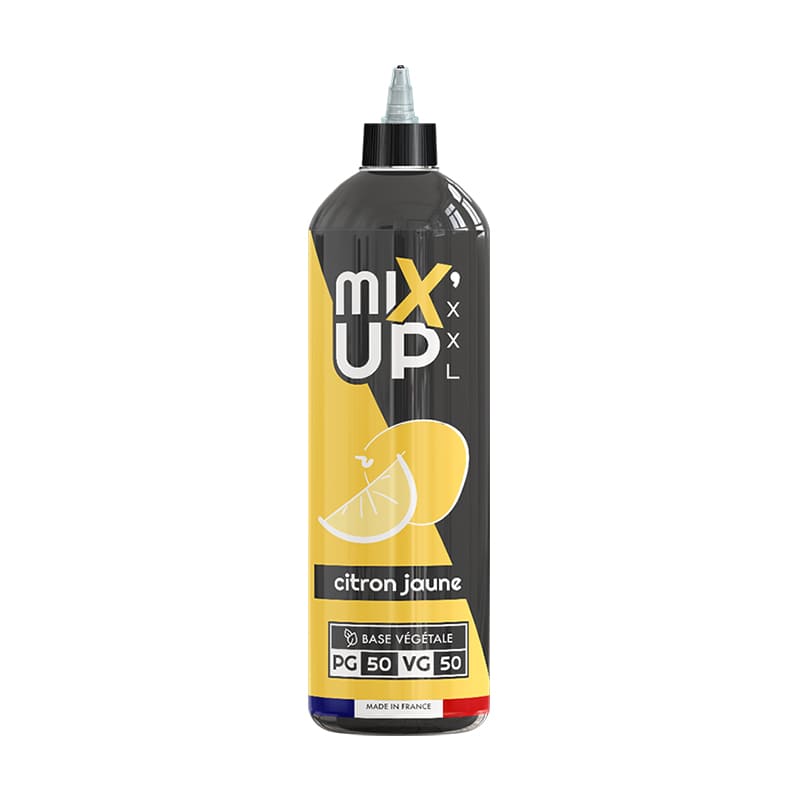 Flacon d'e-liquide Mix'Up XXL Citron Jaune 1L, design noir et jaune avec illustration de citron, ratio 50/50 PGV/VG.
