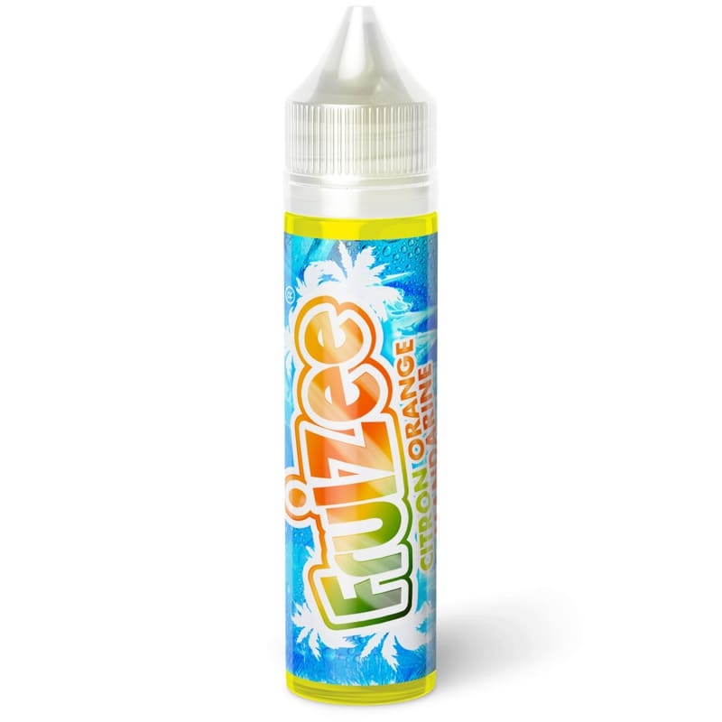 Flacon de 50ml Fruizee Citron Orange Mandarine avec étiquette bleue tropicale et bouchon transparent sur fond blanc.