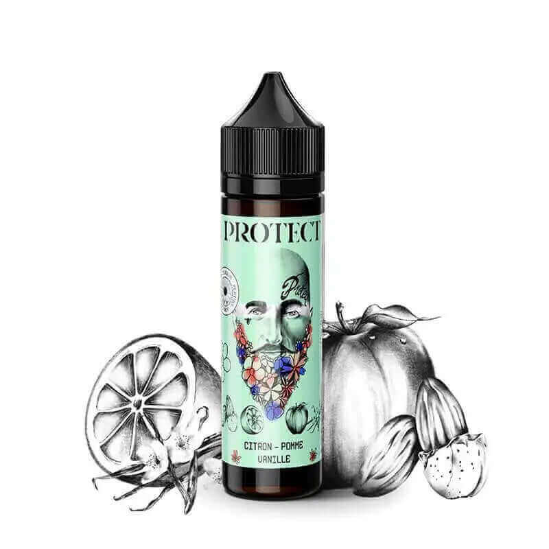Flacon d'e-liquide Protect 50ml avec étiquette vert menthe illustrée d'un visage à barbe fleurie, entouré de dessins de fruits.