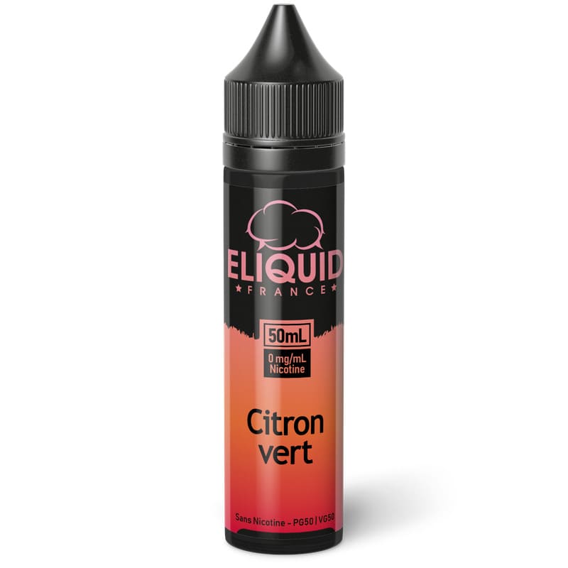 Flacon de 50ml Eliquid France Citron Vert avec étiquette dégradée rouge et orange et bouchon noir à sécurité enfant.