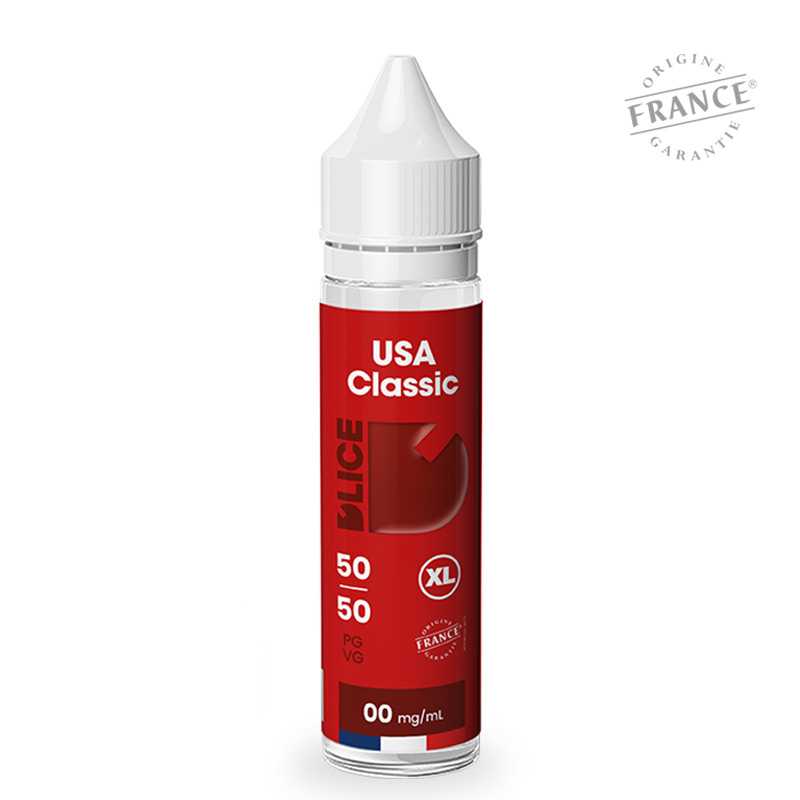 Flacon d'e-liquide D'LICE XL USA Classic 50ml avec étiquette rouge, bouchon blanc et logo Origine France Garantie.
