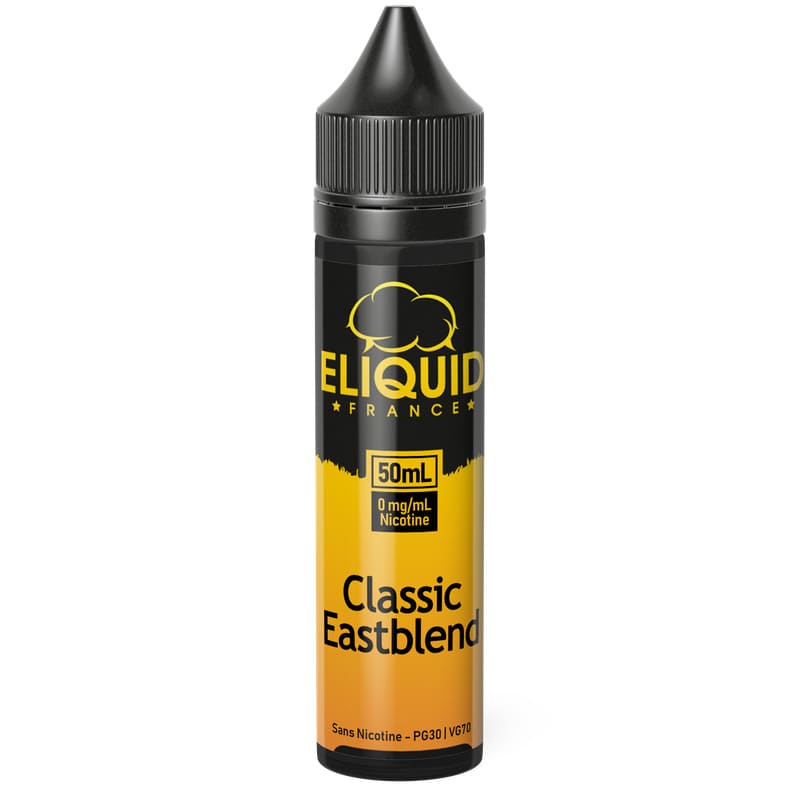 Flacon de 50ml Eliquid France Classic Eastblend avec étiquette jaune et noire, bouchon noir et design épuré.