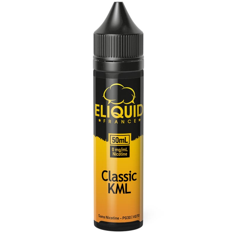 Flacon de 50ml Eliquid France Classic KWL avec étiquette jaune et noire, bouchon noir et design épuré.