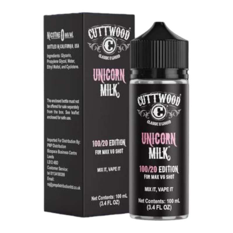 Flacon d'e-liquide Cuttwood Unicorn Milk 100ml avec boîte noire et lettrage rose, design élégant et moderne.