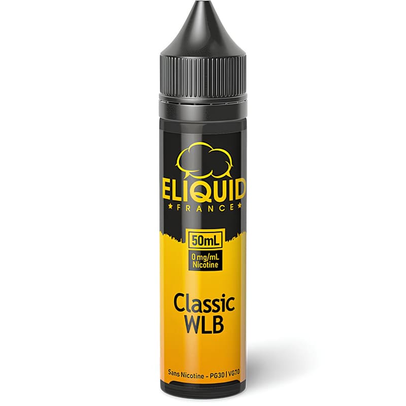 Flacon de 50ml Eliquid France Classic WLB avec étiquette jaune et noire, bouchon noir et design moderne.